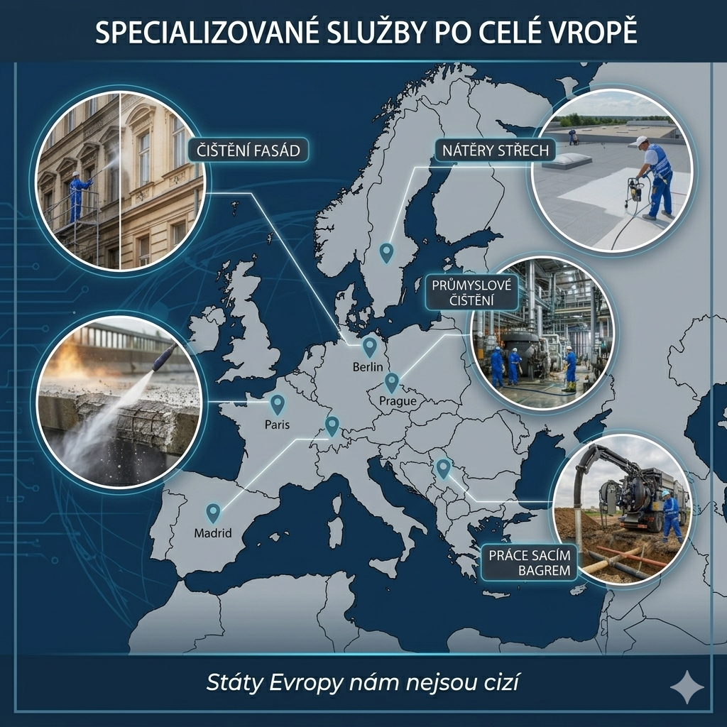 Služby po Evropě: mapa, pracovníci na střechách, průmyslové čištění, čištění fasád a střech, výškové práce, hydrodemolice a odsávání sacím bagrem.
