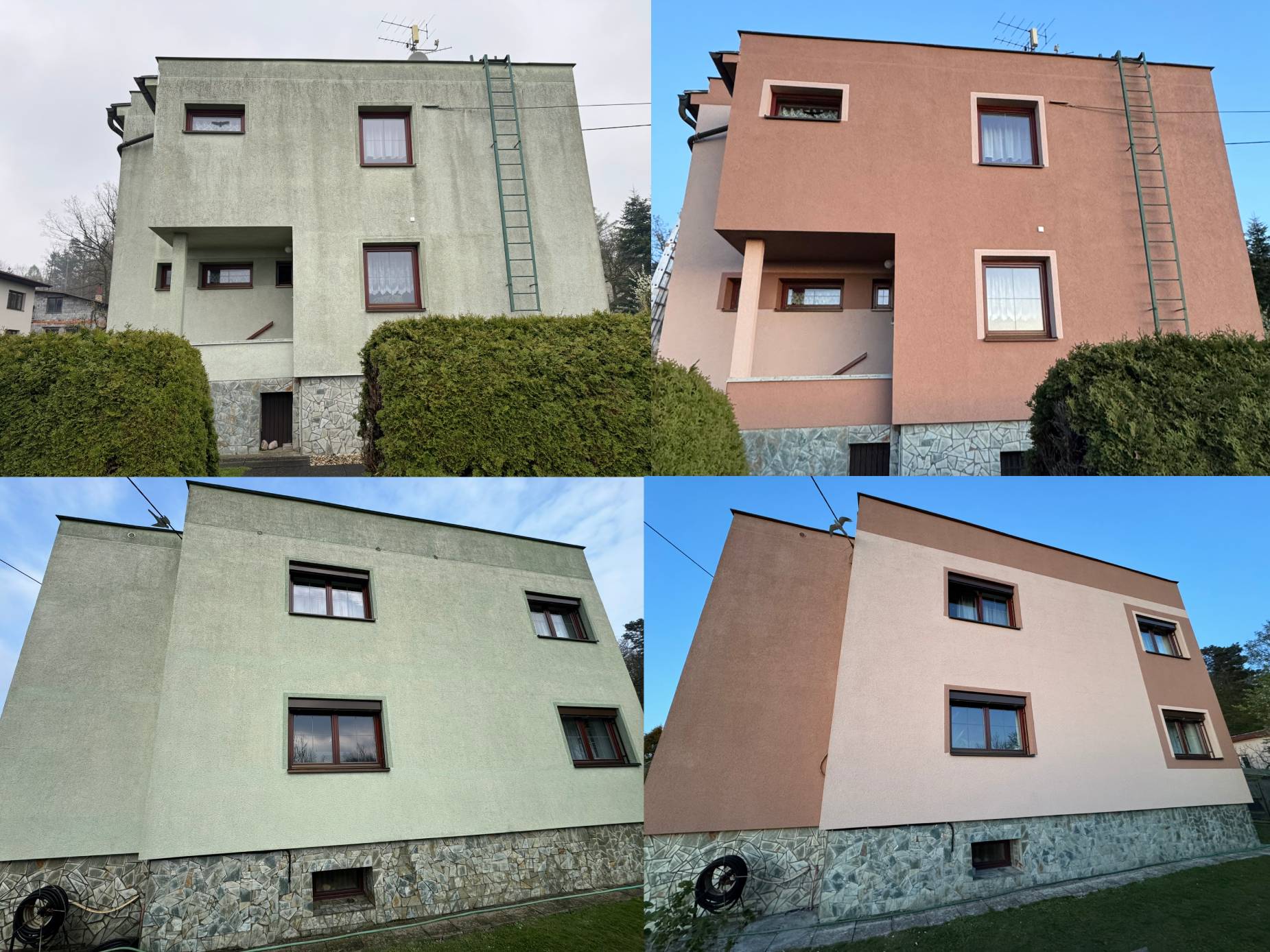 Koláž dvou pohledů na dvoupodlažní dům s okny, žebříkem a zelenými keři před fasádou.
Rozdíl před a po čištění fasády. Nátěr fasády silikonovou barvou